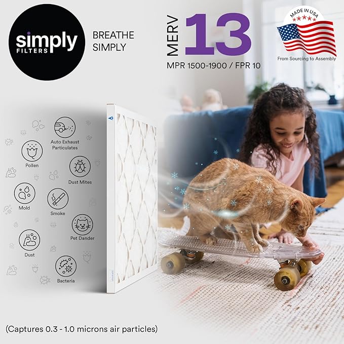 Simply 16x16x1 Air Filter, MERV 13, 12 Pack, For Home AC Furnace & HVAC (Actual Size: 15.75"x15.75"x0.75") DUST, Pet, & Allergy Control