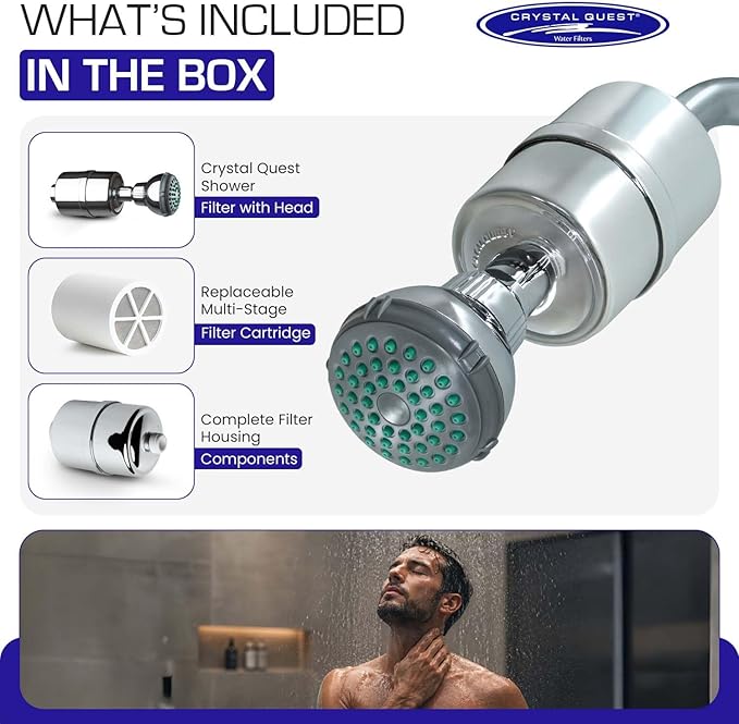 Crystal Quest Shower Filter with Head, Shower Head Filter for Hard Water, Shower Water Filter Removes Chlorine, Chloramines & VOCs, Filter Shower Head, Improves Skin & Hair, Long-Lasting - Chrome