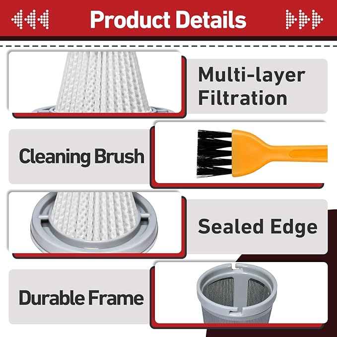 16 Pcs Vacuum Filter Replacement Compatible with Slim V8 Mate, Slim V8 Apex, Slim V10 Mate Cordless Car Vacuum Cleaner, 2 Stainless Steel Pre-filter, 16 Washable Hepa Filters, 1 Cleaning Brush