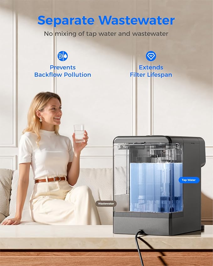 Waterdrop M6H Instant Hot Reverse Osmosis System Countertop Water Filter, 7-Stage, 3:1 Pure to Drain, Hot Water Dispenser with 5 Temperature Options, RO System with Glass Pitcher