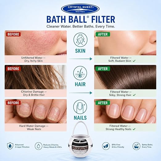 Crystal Quest Bath Ball Filter for Tub Faucet, Bathtub Water Filter, BPA-Free Bathtub Filter, Removes Chlorine, Lead & Impurities, Improves Skin, Hair & Nails, with Extra Cartridge - White