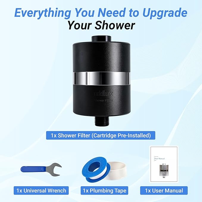 NSF/ANSI 177 Tested Titanium Shower Water Filter for Hard Water - No Plastic Core High Pressure Filtered Shower Head – Metal Home Water Filter for Healthier Skin & Hair (Black + Standard Set)