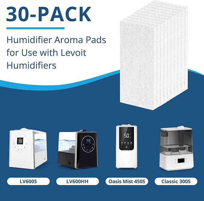 Aroma Pads 30 Packs, Humidifier Replacement Filters Compatible with LEVOIT LV600S, Classic300S, LV600HH, OasisMist450S Humidifiers, Make The Fragrance Stronger and Longer Duration,White