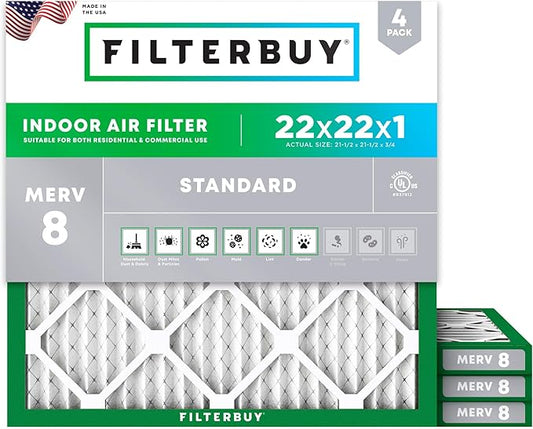 Filterbuy 22x22x1 Air Filter MERV 8 Essential Dust & Allergy Defense (4-Pack), Electrostatic Pleated HVAC AC Furnace Filters Replacement, Made in USA (Actual Size: 21.50 x 21.50 x 0.75)