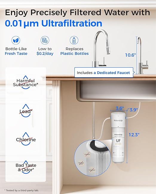 Waterdrop 10UBW-UF 0.01 μm Ultra Filtration Under Sink Water Filter System, Reduces Lead, Chlorine, Bad Taste & Odor, 1 Year, with Dedicated Brushed Nickel Faucet
