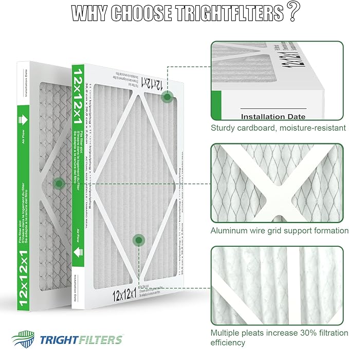 TRIGHTFILTERS 12x12x1 Air Filter 4 Pack, MERV 8 Pleated Dust Defense Air Filters Replacement Air Conditioner HVAC AC Furnace Filter, Durable and Lightweight