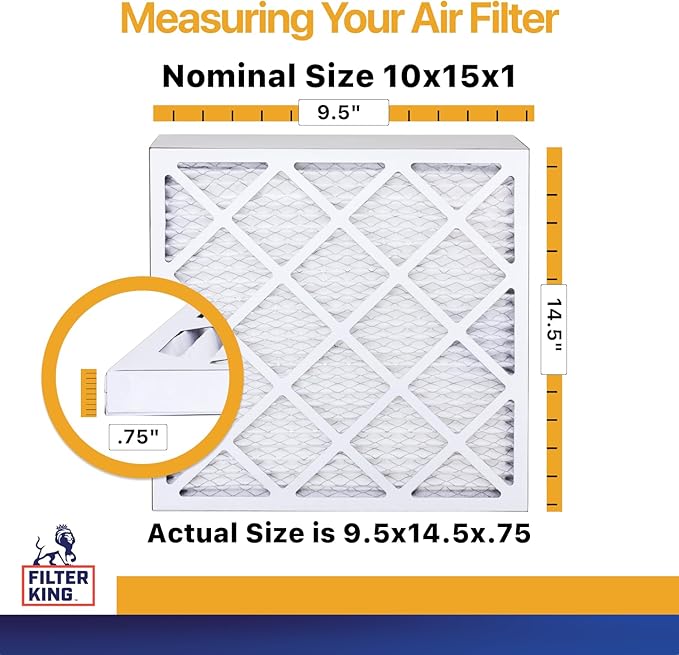 Filter King 10x15x1 Air Filter (MERV 13) (6-Pack) Dust & Allergy Control AC Furnace Filters, MADE IN USA, HVAC, Pleated, Electrostatic (Actual Size: 9.5 x 14.5 x .75)