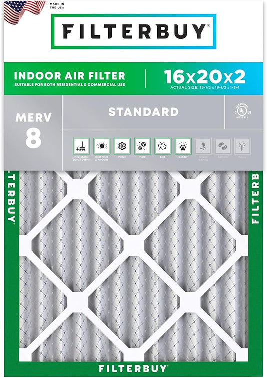 Filterbuy 16x20x2 Air Filter MERV 8 Essential Dust & Allergy Defense (1-Pack), Electrostatic Pleated HVAC AC Furnace Filters Replacement, Made in USA (Actual Size: 15.50 x 19.50 x 1.75)