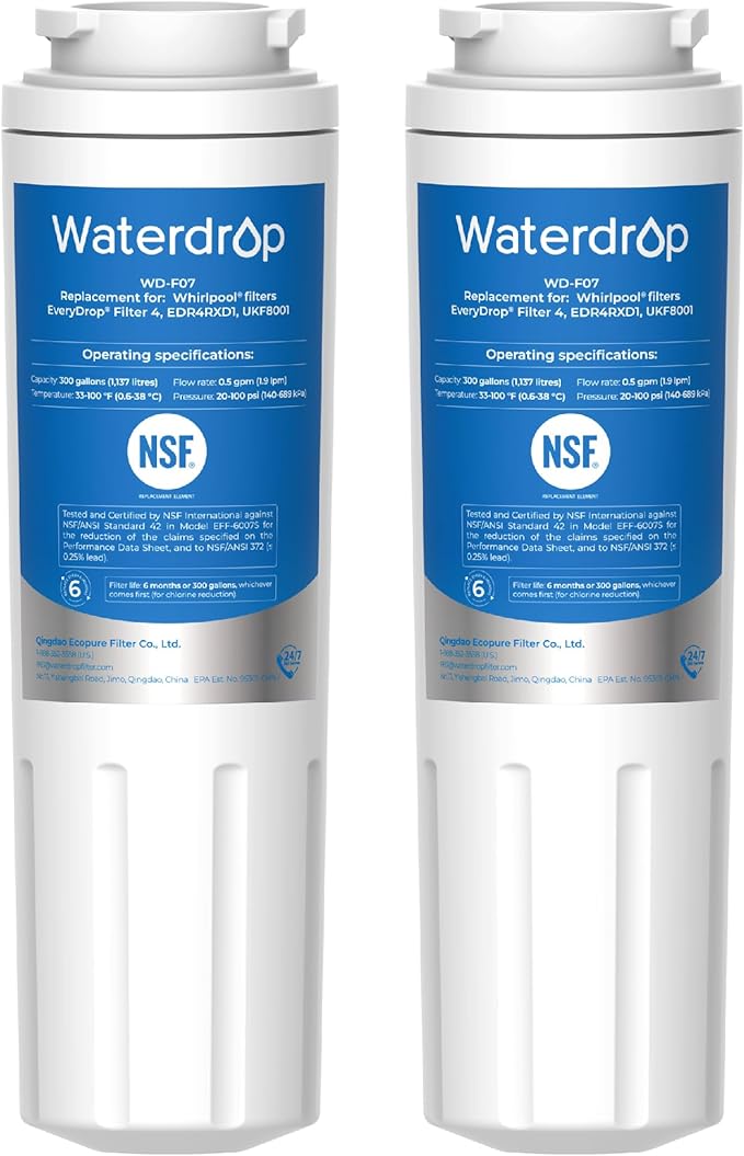 Waterdrop EDR4RXD1 Replacement for EveryDrop® Filter 4, Whirlpool® UKF8001, 4396395, Maytag® UKF8001AXX-200, UKF8001AXX-750, WD-F07, Refrigerator Water Filter, 2 Filters