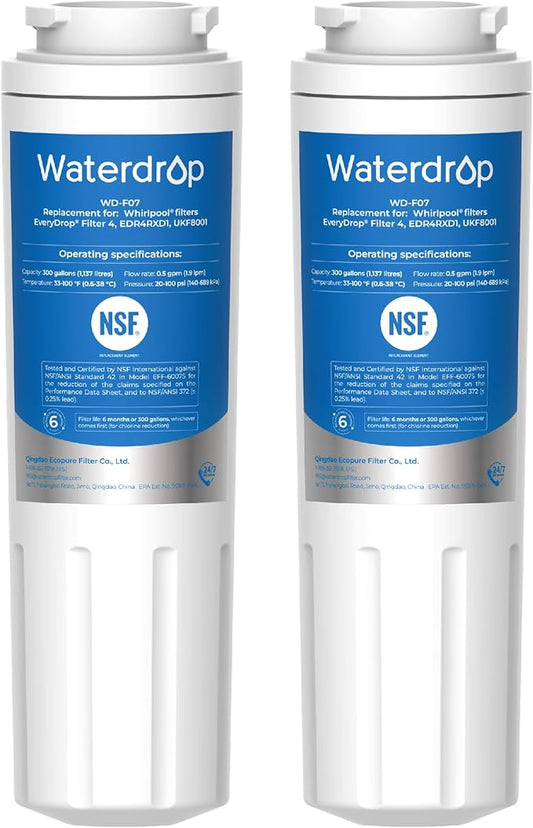 Waterdrop EDR4RXD1 Replacement for EveryDrop® Filter 4, Whirlpool® UKF8001, 4396395, Maytag® UKF8001AXX-200, UKF8001AXX-750, WD-F07, Refrigerator Water Filter, 2 Filters