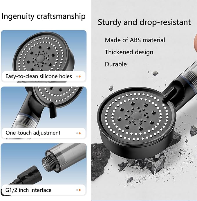 High Pressure Shower Head Black with Hose, 5-Spray Filtered Showerhead with No-Drill Holder, Water Softener Beads & ON/OFF Switch for Daily & Pet Care, Removes Chlorine, Softens Hard Water