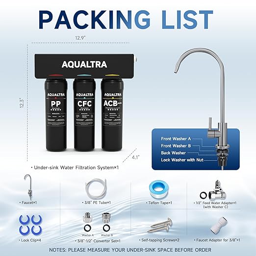 AQUALTRA USF-3F-10 Slightly Alkaline Under Sink Water Filter System, 8K-32K Gal with Faucet, Reduce PFOA, PFOS, Chlorine, Lead, Mercury, Chloramine, Fluoride, Microplastics Particles, Bad Taste & Odor
