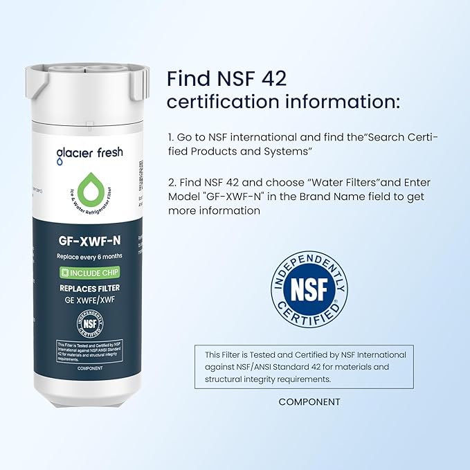 GLACIER FRESH Water Filter Compatible with XWFE (Built-in CHIP), Replacement for GE XWFE, XWF Refrigerator Water Filter NSF/ANSI 42 Certification Pack of 2