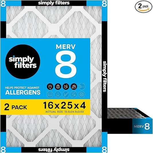 Simply 16x25x4 Air Filter MERV 8, 2 Pack, For Home AC Furnace & HVAC (Actual Size: 15.5"x24.5"x3.63") DUST Pet&Allergy Control