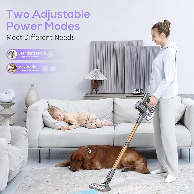 MBTTODF Cordless Vacuum Cleaner for Home & Pet Hair – Lightweight Stick Vacuum with 40-Min Runtime, Anti-Tangle Brush & LED Headlight, for Hardwood, Carpet & Tile(Yellow-Purple)