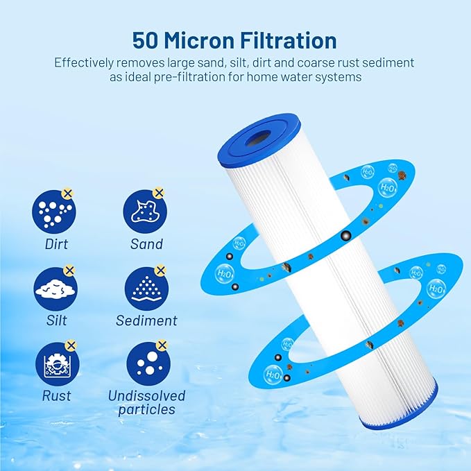 Whole House 50 Micron 10" x 2.5" Pleated Sediment Well Water Filter Cartridge Replacement for W50PE, SPC-25-1050, ECP50-10, R50, FM-50-975, WHKF-WHPL, WPC50-975 & Cold Plunge Water Chiller (Pack of 6)
