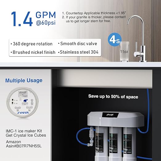 Frizzlife Under Sink Water Filter System, NSF/ANSI 53&42&372 Certified, 8 Layer 0.5 Micron Water Filtration Reduces PFAS, PFOA/PFOS, Chloramine, Lead, Chlorine, with Brushed Nickel Faucet, SP99 New