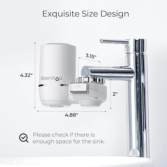Waterdrop FC-02 Faucet Water Filter for Skin Care, Bathroom Sink Filter, NSF Certified Faucet 0.01μm Ultra-Filtration Water Filter, Reduces Chlorine Lead-Free Material, 320 Gallons, White, 1 Filter