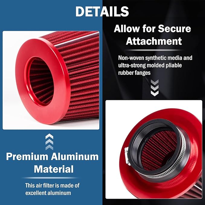 Universal Clamp-On Air Intake Filter, High Performance, Washable Filter, Replacement Air Filter, Flange Diameter 3.5inch/89mm (Red)