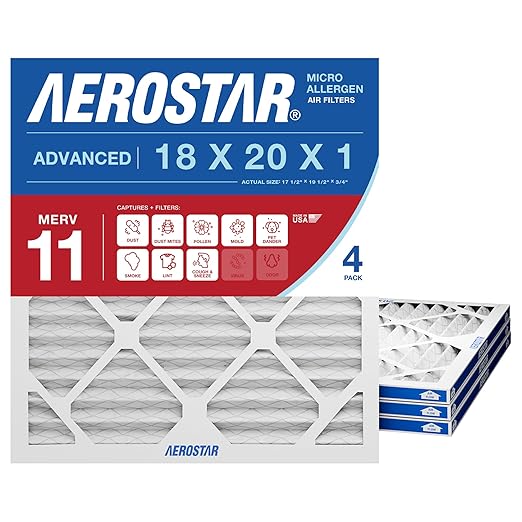 Aerostar 18x20x1 MERV 11 - 4 Count - Pleated HVAC, Furnace & Air Conditioner Filters - Removes Dust, Cold & Flu Germs, Lint, Mold, Pet Dander, Allergy-Causing Pollen, Smog & Smoke