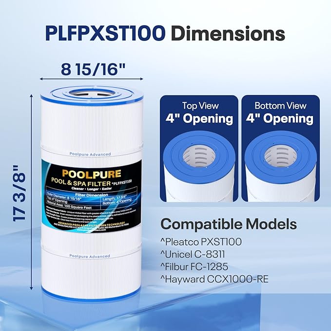 POOLPURE PXST100 Pool Filter Replaces Hayward X-Stream CC1000, CCX1000-RE, Pleatco PXST100, Unicel C-8311, Ultral-B6, Filbur FC-1285, 817-0100N/P, Waterway Pro Clean 100, L x OD: 17 3/8" x 8 15/16"