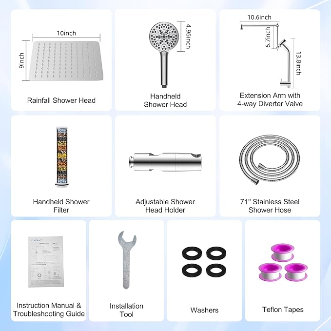 All-Metal 10" High-Pressure Rain Shower Head with Handheld - 10-Spray Power Wash with Filter Element, Easy Reach 4-Way Diverter with Pause Mode, Flexible 16" Extension Arm and 71" Hose, Chrome