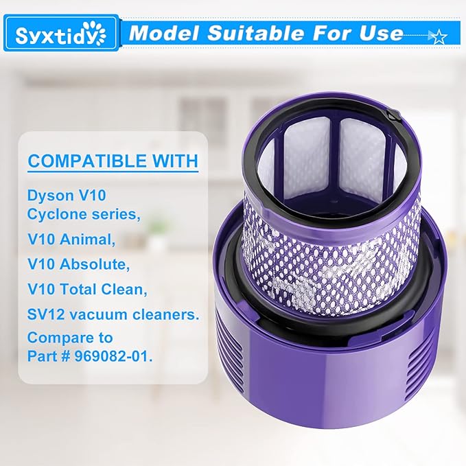 V10 Filter Replacement for Dyson V10 Cyclone series, V10 Absolute, V10 Animal, V10 Total Clean, Part No.969082-01, Purple,2 Pack Filters and 1 Clean Brush