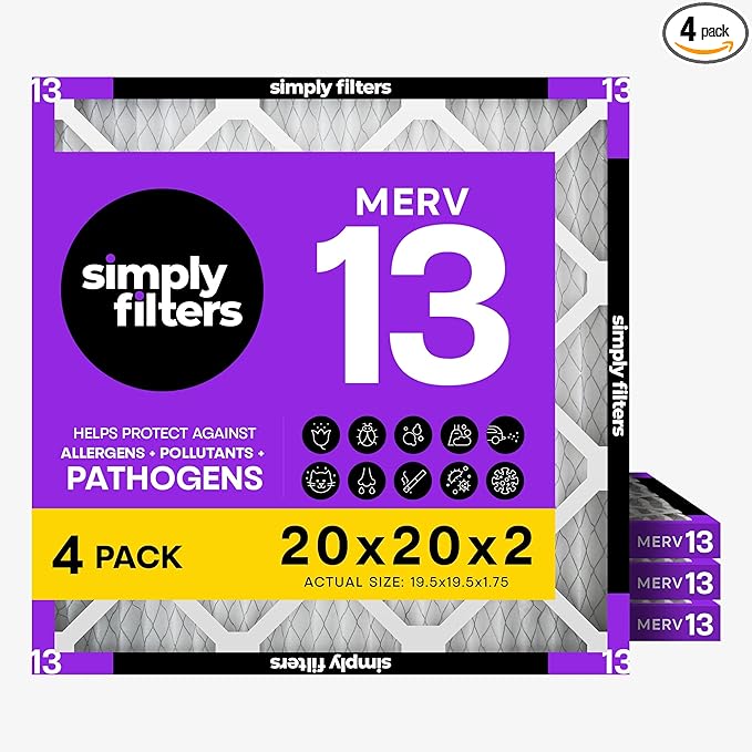 Simply 20x20x2 Air Filter, MERV 13, 4 Pack, Furnace Air Filter for HVAC (Actual Size: 19.5"x19.5"x0.75") DUST, Pet & Allergy Control