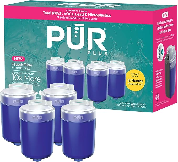 PUR Plus Faucet Mount Replacement Filter 4-Pack, Genuine PUR Water Filter for Sink Faucet, 3-in-1 Mineral Filtration, Lead Reducing, 1-Year Value, Blue (RF99994)