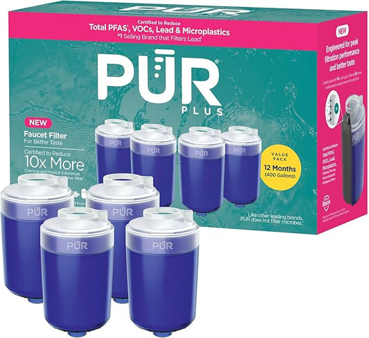 PUR Plus Faucet Mount Replacement Filter 4-Pack, Genuine PUR Water Filter for Sink Faucet, 3-in-1 Mineral Filtration, Lead Reducing, 1-Year Value, Blue (RF99994)