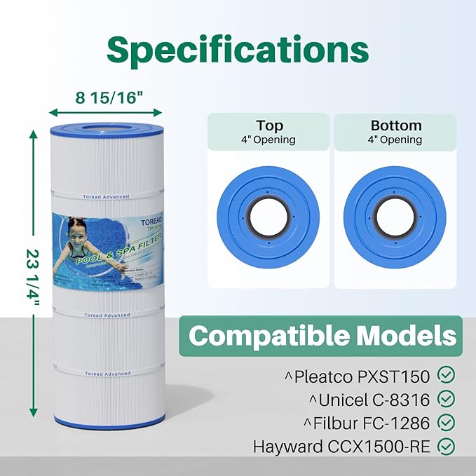 TOREAD PXST150 Pool Filter Replaces Hayward X-Stream CC1500, CCX1500-RE, Pleatco PXST150, Ultral-B3, Unicel C-8316, Filbur FC-1286, Waterway Pro Clean 150,150 Sq.Ft Filter Cartridge, 1 Pack