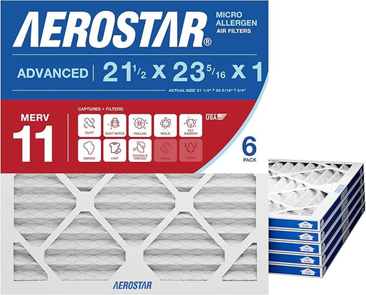 Aerostar 21.5x23.3125x1 MERV 11 Pleated Air Filter, 6 Pack, AC Furnace Filters, HVAC Filter, Air Conditioner Filters, Heater Filters Replacement for Home (Actual Size: 21.5x23.3125x0.75)