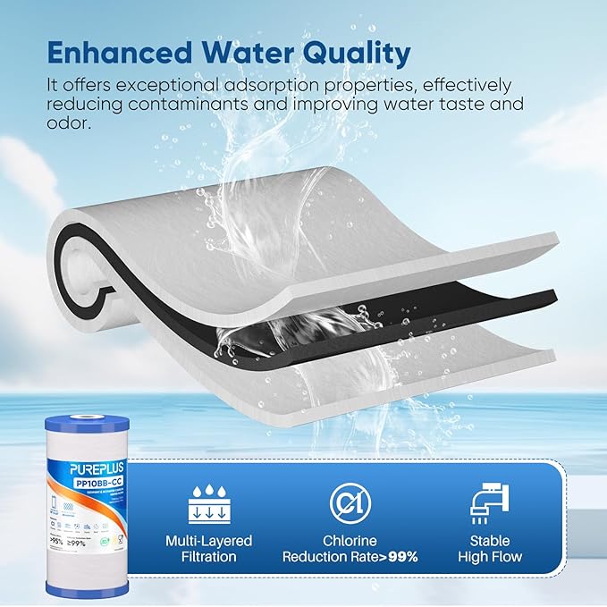 PUREPLUS 25 Micron 10" x 4.5" Whole House Sediment and Carbon Water Filter Replacement Cartridge for GE FXHTC, GXWH40L, GXWH35F, GNWH38S, Culligan RFC-BBSA, WRC25HD, PP10BB-CC, Pentek RFC-BB, 4Pack