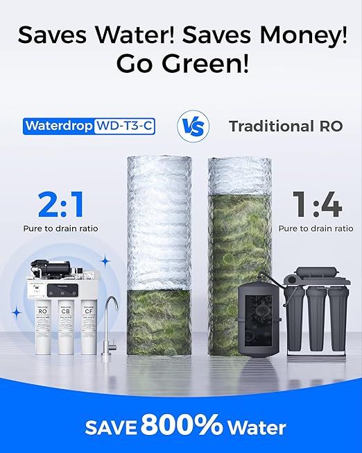 Waterdrop T3-C Reverse Osmosis Water Filter, NSF/ANSI 372 Certified, 8-Stage Under Sink RO Water Filter, 450 GPD Tankless Water Filtration System, 2:1 Pure to Drain, BPA Free, Plug-in Required