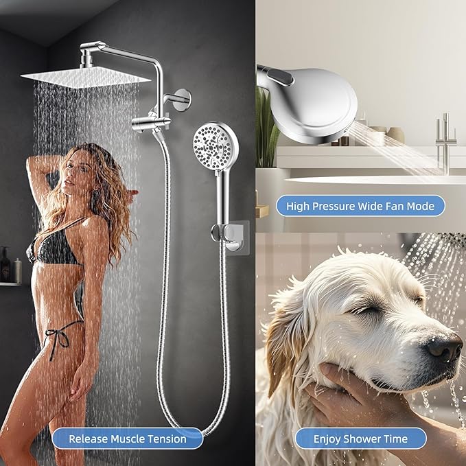 All Metal Shower Head, 8" High Pressure Rainfall/Handheld Shower Combo with 11" Extension Arm, 10-Spray Handheld Showerhead, 71" Long Hose, 3-Way Diverter Valve, Chrome