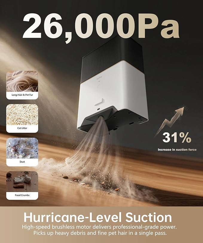Touchless Vacuum Automatic Dustpan, Bagged Design with Replaceable Dust Bags, Up to 3-Month No Cleaning, 26,000Pa Powerful Suction, One-Touch Auto & Manual Mode for Pet Hair Kitchen & Salon