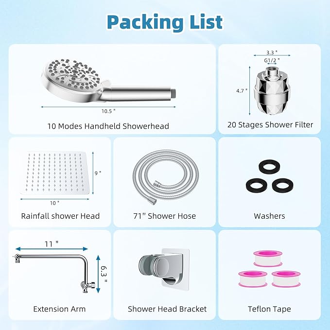 Filtered Shower Head, 10" High Pressure 10-Spray Handheld/Rainfall Shower Head Combo with 20 Stage Shower Filter, 11" Shower Extension Arm, 71" Hose, Shower Head Holder, Chrome