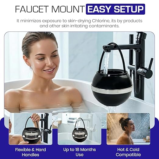 Crystal Quest Bath Ball Filter for Tub Faucet, Bathtub Water Filter, BPA-Free Bathtub Filter, Removes Chlorine, Lead & Impurities, Improves Skin, Hair & Nails, with Extra Cartridge - Black