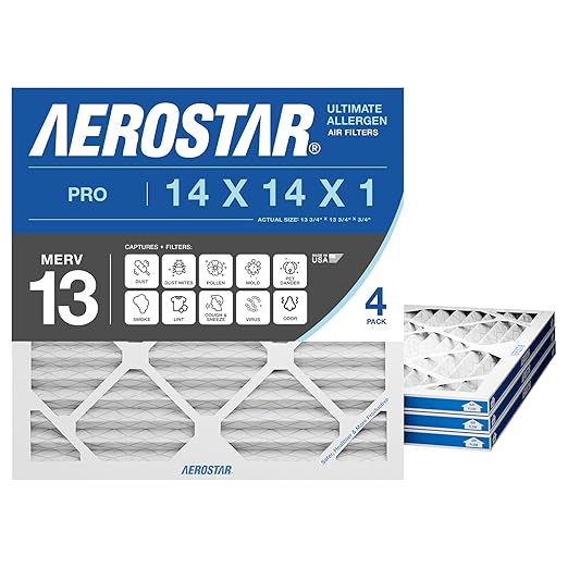 Aerostar 14x14x1 MERV 13 Air Filter, 4 Pack Set of HVAC Furnace Filters, Electrostatic MPR 1500-1900 & FPR 10 (Actual Size: 13 3/4 x 13 3/4 x 3/4 inches)