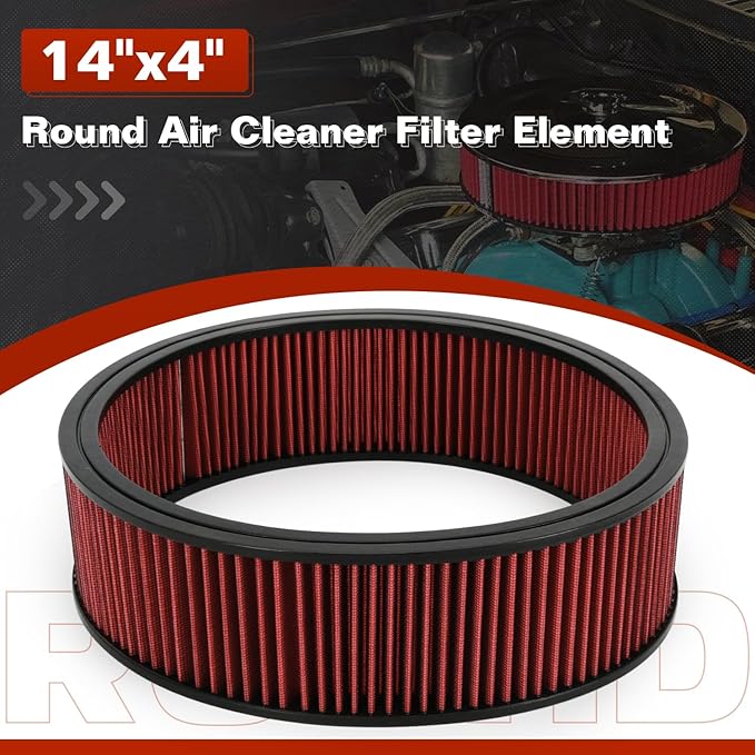 PTNHZ Red Round Air Cleaner Filter Element High Flow Replacement With Chevy Buick Ford GMC Oldsmobile Pontiac (14" x 4")
