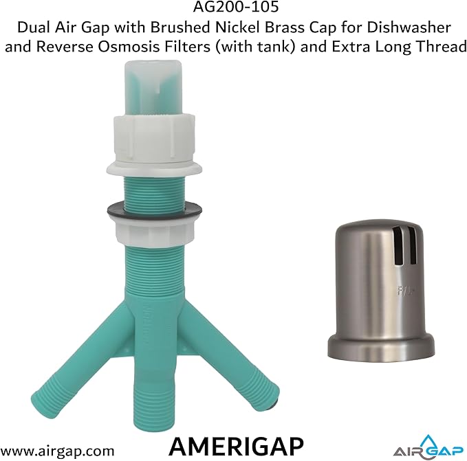 Dual Air Gap with Brushed Nickel Brass Cap for Dishwasher and Reverse Osmosis Filters (with tank) and Extra Long Thread (AG200-105, AG200-X05, AMERIGAP)