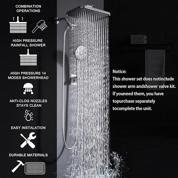 Tandem Shower Head with Filters-14'' Rainfall ShowerHead,Filtered Power Wash Handheld for Hard Water,High Pressure Output, Reduces Dry Itchy Skin, Improves Condition of Your Body, Hair