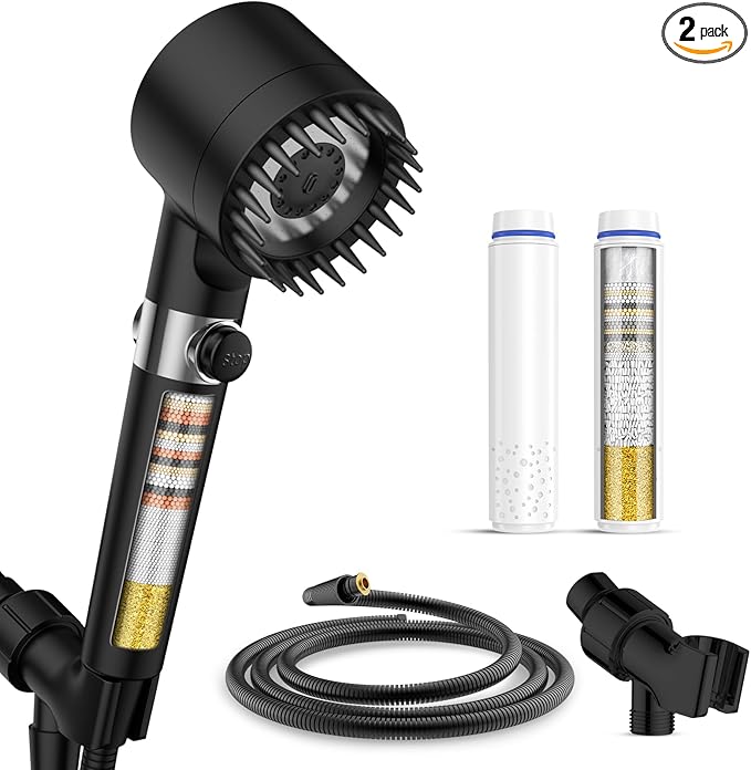 PWERAN Filtered Shower Head with Handheld, 3+1 Spray Modes High Pressure Shower Head with 2-PCS Filters for Hard Water Remove Chlorine, Detachable Showerhead with ON/OFF Switch for Pet Bath (Black)