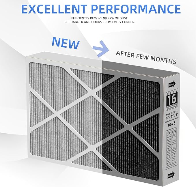 X6675 Merv 16 20x25x5 Efficient Furnace Filter Compatible with Lennox X6675 and Lennox HCC20-28 Furnace HVAC System, Part Number HCF20-16, 2 Pack