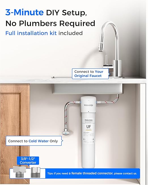 Waterdrop 15UAW-UF 0.01 μm Ultra Filtration Under Sink Water Filter System, 2 Years, Reduces Lead, Chlorine, Bad Taste & Odor, Connects Directly to Your Faucet