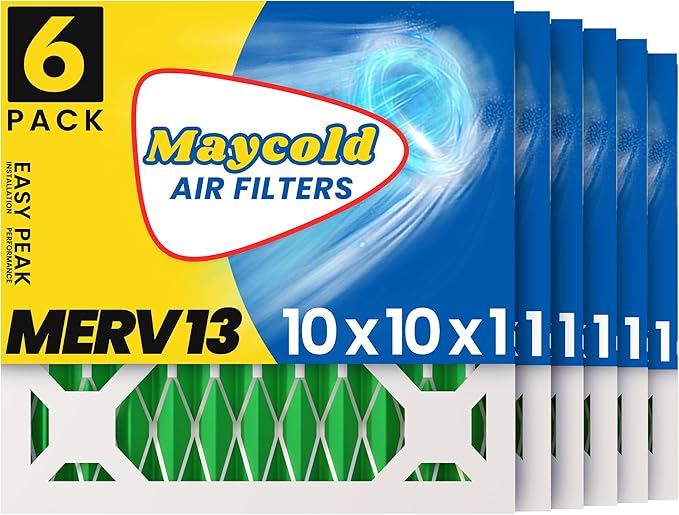 Maycold MERV 13 10x10x1 Air Filter (6-Pack), High-Efficiency Pleated AC & Furnace Filters, Actual Size: 9.70” x 9.70” x 0.75”, Individually Wrapped in Plastic