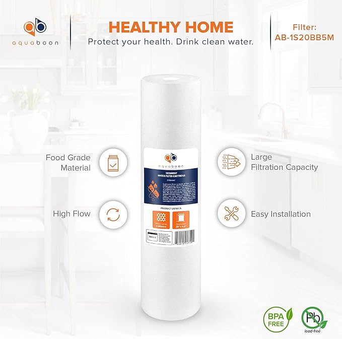 Aquaboon 5 Micron 20 x 4.5 Whole House Sediment Filter Cartridge 20 inch Water Filter Replacement Compatible with DGD-5005-20, FP25B, AP810-2, 4-Pack