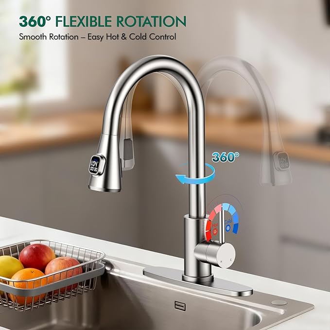 HOMELODY Upgraded Filter Water Kitchen Faucet with Pull Down Sprayer - LED Temperature Display Kitchen Faucets 1 Or 3 Hole Kitchen Sink Faucet for Remove Lead, Chlorine, Bad Taste & Odor