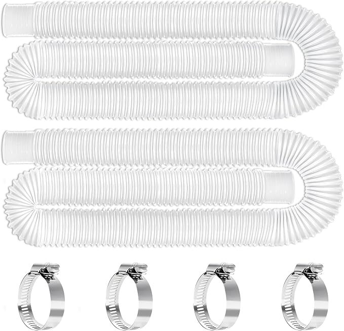 Replacement 1.25 Pool Hoses for Above Ground Pools, 1 1/4" x 59" Long, 2 Pack with 4 Metal Clamps (White)
