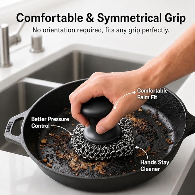 Cast Iron Scrubber and Scraper | 316 Chainmail Scrubber for Cast Iron Pan Skillet Cleaner | Chain Mail Scrubber for Dishes Pots Wok Griddle Grill | Dish Scouring Pad Dishwasher Safe, Black 02